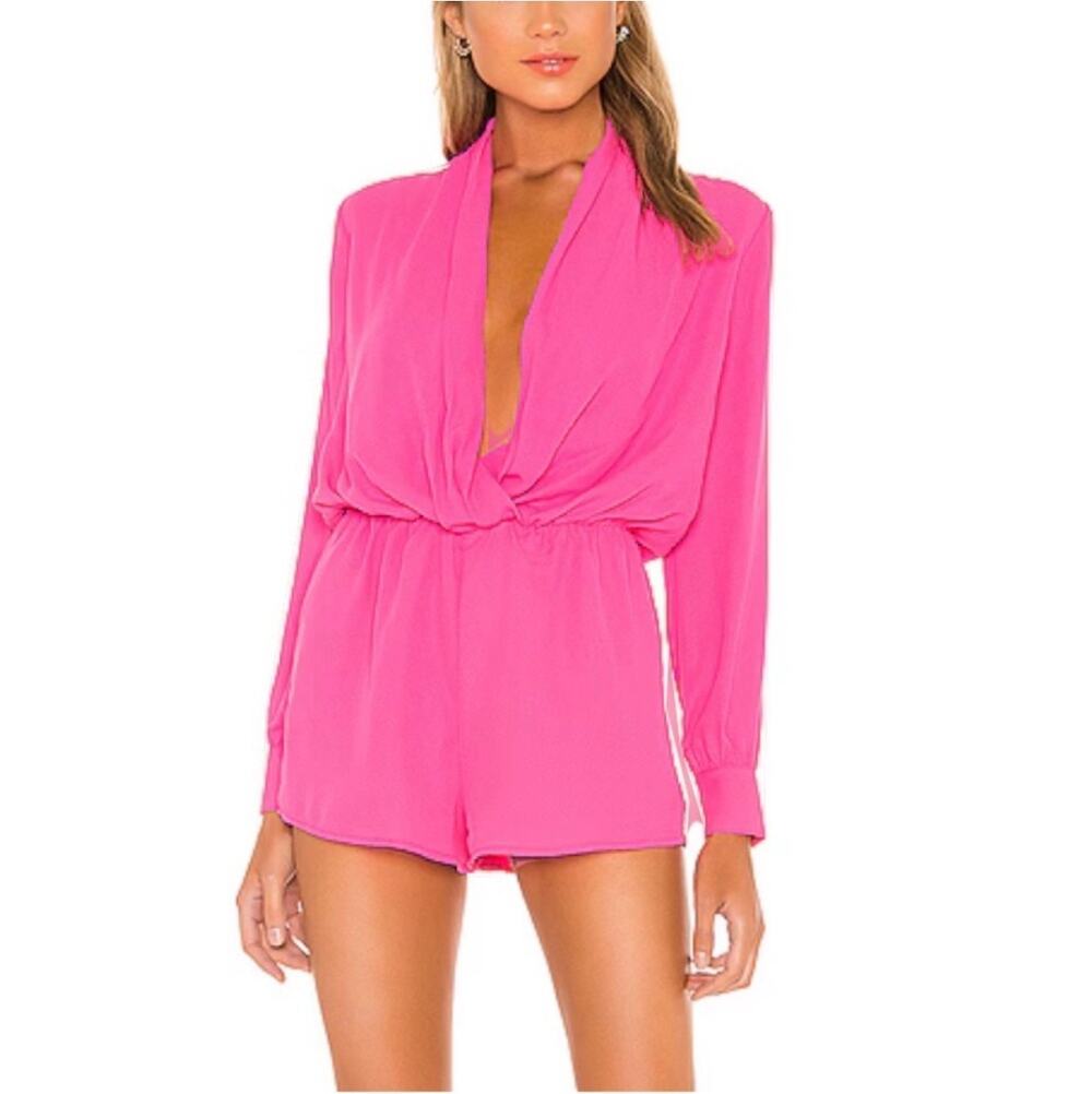 Revolve Superdown Kaycie Drape Neck Hot Pink VNeck Romper Size Large Long Sleeve
